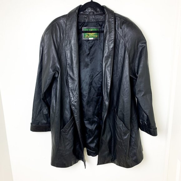 Vintage Russel Lawrence black oversized open leather jacket cuff sleeve medium - Picture 1 of 8
